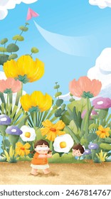Die Blumen blühen im Frühling und die Kinder spielen Verstecken