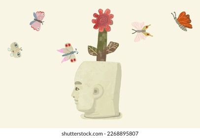 Flowers blooming in the vase of human head. Concept art of mind, life, nature, hope, freedom and mental health. watercolor painting vector. minimal illustration. conceptual artwork. blossom, butterfly