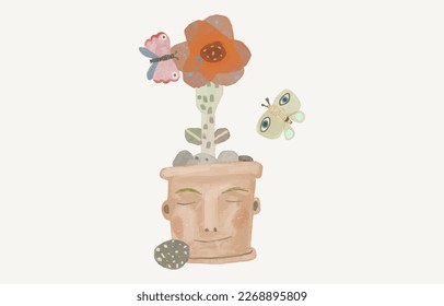Flowers blooming in the vase of human head. Concept art of mind, life, nature, hope, freedom and mental health. watercolor painting vector. minimal illustration. conceptual artwork. blossom, butterfly