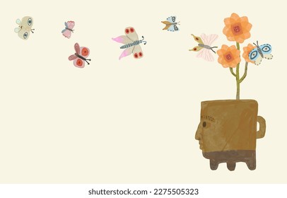 Las flores florecen en el jarrón de la cabeza humana. Concepto de arte mental, vida, naturaleza, esperanza, libertad y salud mental. vector de pintura acuarela. ilustración mínima. arte conceptual. flor, mariposa