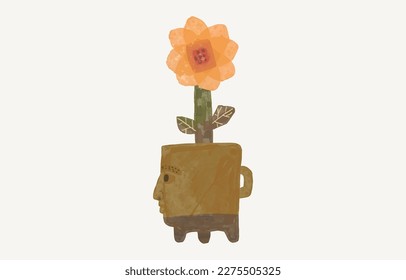 Flowers blooming in the vase of human head. Concept art of mind, life, nature, hope, freedom and mental health. watercolor painting vector. minimal illustration. conceptual artwork. blossom