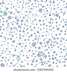 Flowers in blossom, blooming buds with petals and leaves. Flourishing wildflowers with branches and twigs. Ditsy ornament. Seamless pattern, wallpaper print or background. Vector in flat style