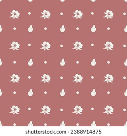 Flowers in blossom, blooming composition with leaves and foliage. Design for carpet, textile fabric. Botany flourishing motif. Seamless pattern print, background or wallpaper. Vector in flat style