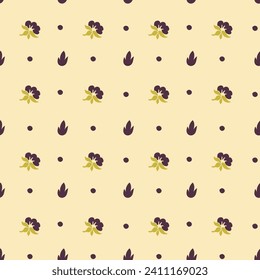 Flowers in blossom, blooming composition with leaves and decorative dots. Design for carpet, textile fabric. Flourishing motif. Seamless pattern, wallpaper or print background. Vector in flat style