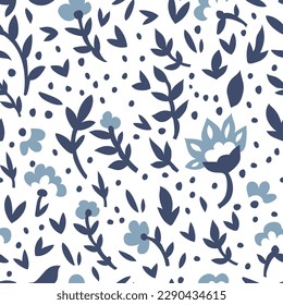 Flowers in blossom, blooming plants and branches with foliage and leaves. Decoration and floral ornament or motif design. Seamless pattern, background print or wallpaper. Vector in flat style