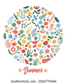 Flowers and blossom, blooming plants and flowers on rounded banner. Summer season, bright invitation card or poster. Bouquet and flourishing branches with leaves. Vector in flat style illustration