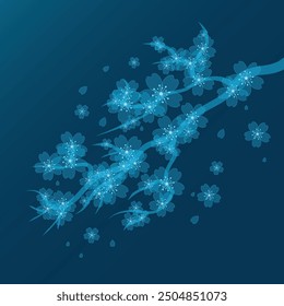 Flowers blossom branch. Blue flower background. Floral plant with blue blooms. Falling petals. Vector illustration