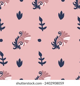 Flowers in blossom, floral composition with spring botany ornaments. Adornment with leaves and twigs for textile and decoration. Seamless pattern, wallpaper or background print. Vector in flat style