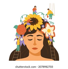 Flowers blossom on womans head as symbol of mental health, flat vector illustration isolated on white background. Concepts of self care, positive thinking, mindset and psychotherapy healing.