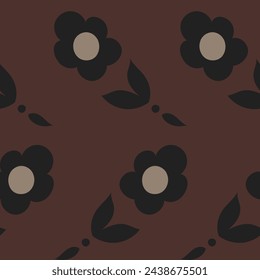 Flowers in blossom, plants and wildflowers. Minimalist foliage and petals, ornamental motif. Summer plants and wildflowers. Seamless pattern, wallpaper print or background. Vector in flat style