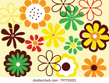 Flowers, blossoming banner Vector Seamless floral pattern Botanic texture, fabric or paper scrapbook Happy hippie flower power Retro Pop Art looking look 80's 70's years Memphis Doodle style design