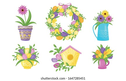 Blumenblüten im Cup und Blumentöpfe Vektorillustration Set