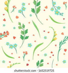 Flowers blossoms and leaves flat vector retro seamless pattern. Abstract wildflowers on beige background. Floral decorative backdrop. Blooming meadow plants. Vintage textile, fabric, wallpaper design
