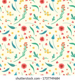 Flowers blossoms and leaves flat vector retro seamless pattern. Abstract wildflowers on beige background. Floral decorative backdrop. Blooming meadow plants. Vintage textile, fabric, wallpaper design
