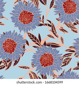 Flowers of blue chrysanthemums and gerberas with red leaves and petals on a light blue background. Seamless pattern. Vector illustration with hand drawn plants.