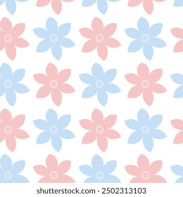 Flowers. Blue and pink inflorescence of flowering plant. Seamless vector pattern. Isolated colorless background. Endless summer ornament from flower head with sharp petals. Flat style. Delicate floral