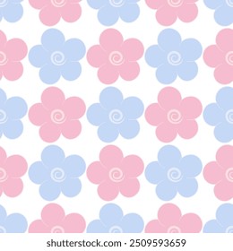 Flowers. Blue and pink inflorescence of a flowering plant. Seamless vector pattern. Isolated colorless background. Endless summer ornament of opened flower buds with round petals. Cartoon style. 