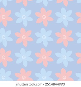 Flowers. Blue and pink inflorescence of flowering plant. Seamless vector pattern. Isolated blue background. Endless summer ornament from flower head with sharp petals. Flat style. 