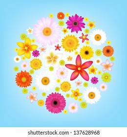 Flowers And Blue Sky With Gradient Mesh, Vector Illustration