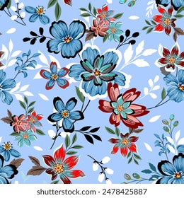 Flowers in blue tones 
 Dark red and small flowers, cute, bright, hand drawn, seamless on a blue background. Designed for fabric, fashion, textiles, wallpaper, gift wrap.