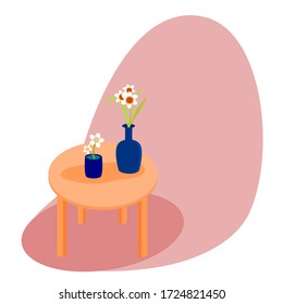 Flores de jarrones azules sobre la mesa aisladas de fondo blanco.Sala decorada con plantas. Ilustración de diseño interior. Imagen de vida fija de estilo plano.