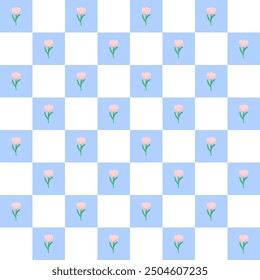 Flowers blue and white chess grid seamless pattern. pink tulips Flower. modern elements. flowers background design. Illustration vector 10 eps.