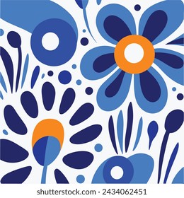 Flowers Blue and White Pattern Fabric, Nature-Inspired Shapes, Bold Graphic Design Elements, Rounded Shapes, Bold Primary Colors
