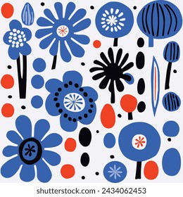 Flowers Blue and White Pattern Fabric, Nature-Inspired Shapes, Bold Graphic Design Elements, Rounded Shapes, Bold Primary Colors
