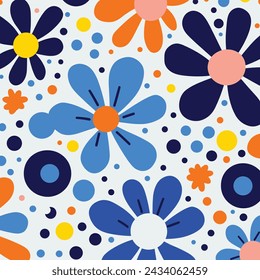 Flowers Blue and White Pattern Fabric, Nature-Inspired Shapes, Bold Graphic Design Elements, Rounded Shapes, Bold Primary Colors