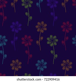 Flowers blue, yellow, green, pink on a blue background