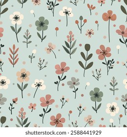 Flowers, Boho style illustration, flower meadow, gray blue background, seamless pattern, print, wrapping paper, wallpaper, cover, fabric, textile, banner, web design, poster, card, illustration, vecto