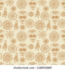 Flowers and Bones seamless pattern. Boho Halloween vector illustration. Skull and hands skeleton.