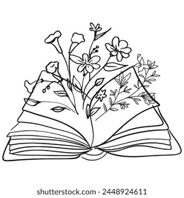 Flowers and Book Vector design.. Floral Book silhouette set. open book with wildflowers. Set of hand drawn outline book designs. Vector floral books, Floral Lover.