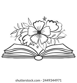 Flowers and Book Vector design.. Floral Book silhouette set. open book with wildflowers. Set of hand drawn outline book designs. Vector floral books, Floral Lover.