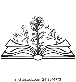 Flowers and Book Vector design.. Floral Book silhouette set. open book with wildflowers. Set of hand drawn outline book designs. Vector floral books, Floral Lover.