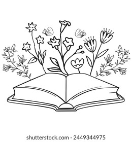 Flowers and Book Vector design.. Floral Book silhouette set. open book with wildflowers. Set of hand drawn outline book designs. Vector floral books, Floral Lover.