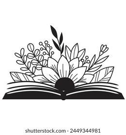 Diseño de Vector de flores y libros.. Conjunto de silueta de libro floral. libro abierto con flores silvestres. Conjunto de diseños dibujados a mano del libro de esquema. Libros florales de Vector, Amante de las flores.