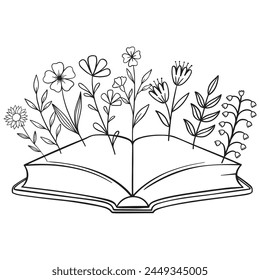 Flowers and Book Vector design.. Floral Book silhouette set. open book with wildflowers. Set of hand drawn outline book designs. Vector floral books, Floral Lover.