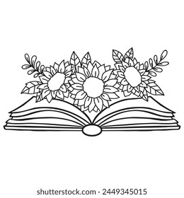 Flowers and Book Vector design.. Floral Book silhouette set. open book with wildflowers. Set of hand drawn outline book designs. Vector floral books, Floral Lover.