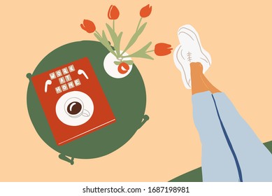 Flowers, books and cup of coffee on a round table indoors, top view. Work at home and cozy home atmosphere concept. Colorful vector illustration in flat cartoon style