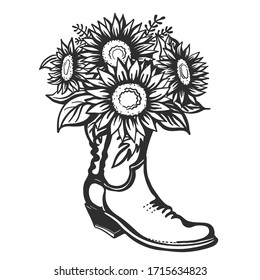 Flowers in boot. Cowboy with sunflowers. Vector printable illustration isolated on white background. Hand drawn vector close-up graphic illustration. Country bouquete