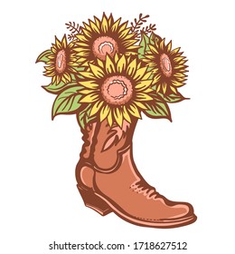 Flowers in boot. Cowboy boot with sunflowers. Vector color printable illustration isolated on white background. Hand drawn vector close-up graphic illustration. Country bouquete