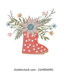 Flowers in a boot. Flower bouquet in rubber boots. Flat illustration.