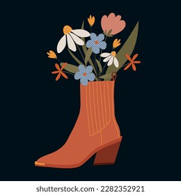 Flowers in boots. Cowboy boots, flowers in cowboy boots. Floral illustration. For a poster, banner, greeting card. Vector illustration of footwear and flowers.