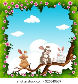 Borde de flores y conejos en la ilustración de rama