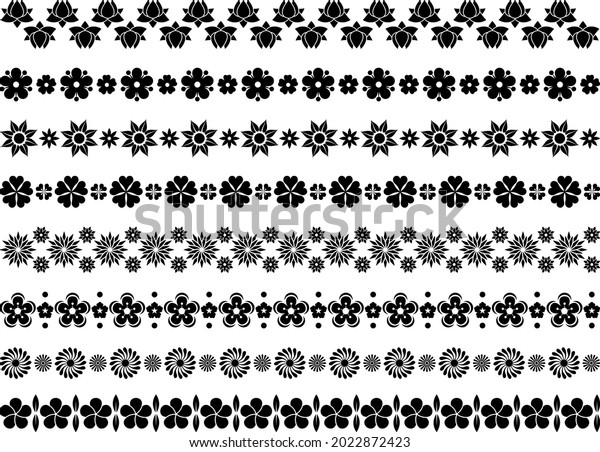 Flowers. Border from\
various flowers. Black isolated silhouette on white background.\
Seamless pattern.\
Vector