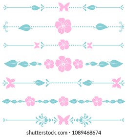 Flowers borders. Collection of design elements isolated on White background. Vector illustration