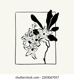 Flowers, Botanica illustration. Black ink, line, doodle style. 