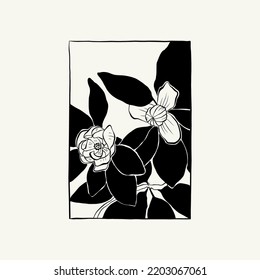 Flowers, Botanica illustration. Black ink, line, doodle style. 