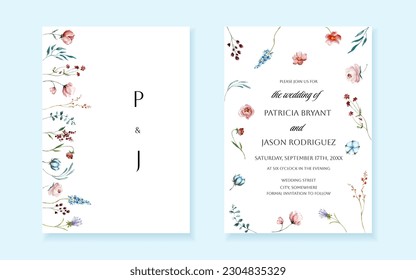 Flowers and botanical leaves watercolor hand drawing. Universal templates for wedding and birthday invitations, menu and baby shower